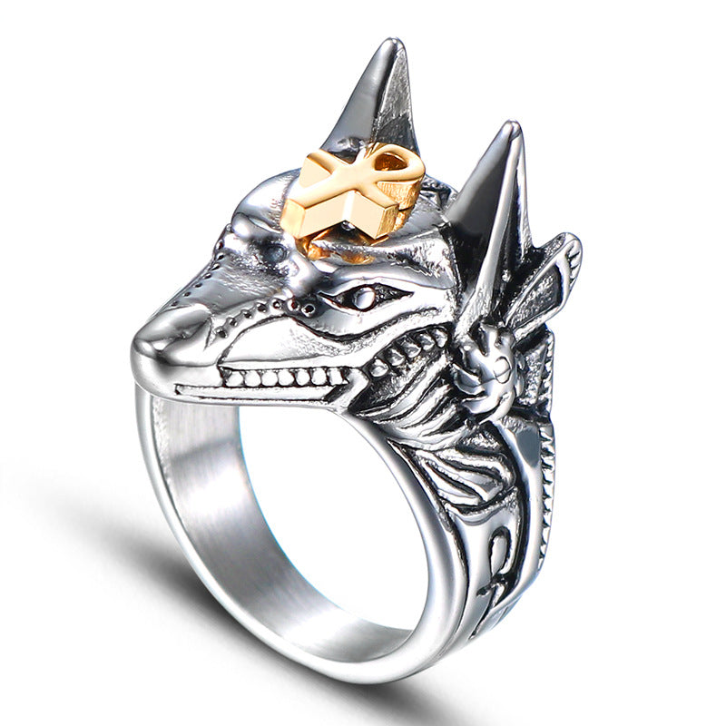 Ancient Egyptian Anubis Self-Defense Titanium Steel Ring for Men - Vintage Jackal Head Design