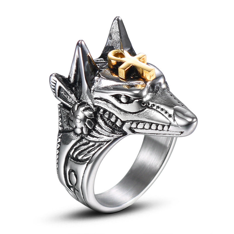 Ancient Egyptian Anubis Self-Defense Titanium Steel Ring for Men - Vintage Jackal Head Design