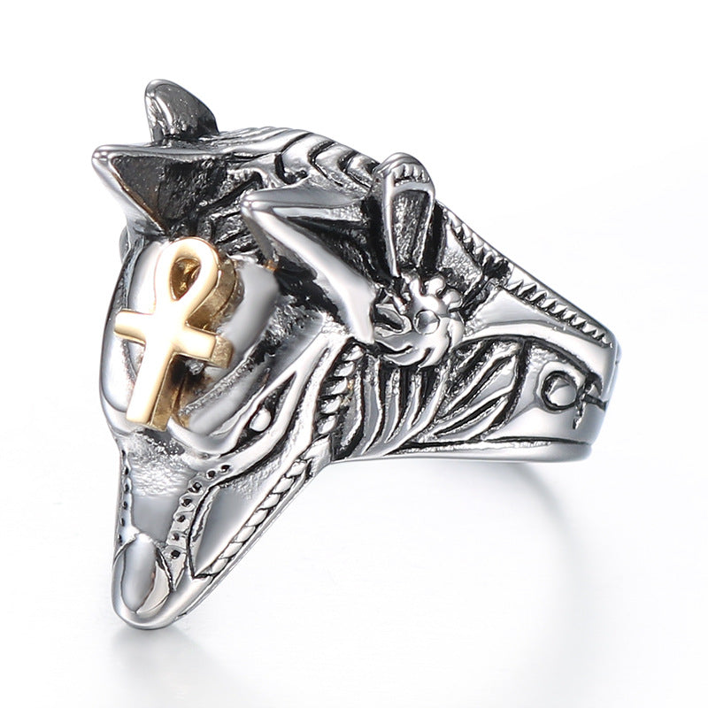 Ancient Egyptian Anubis Self-Defense Titanium Steel Ring for Men - Vintage Jackal Head Design