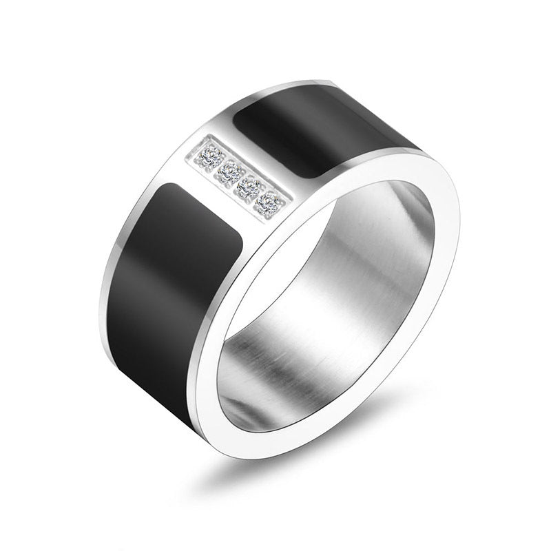 Titanium Steel Couple Rings with Black and White Zircon - Beijing Love Story Non-Fading Design for Men and Women