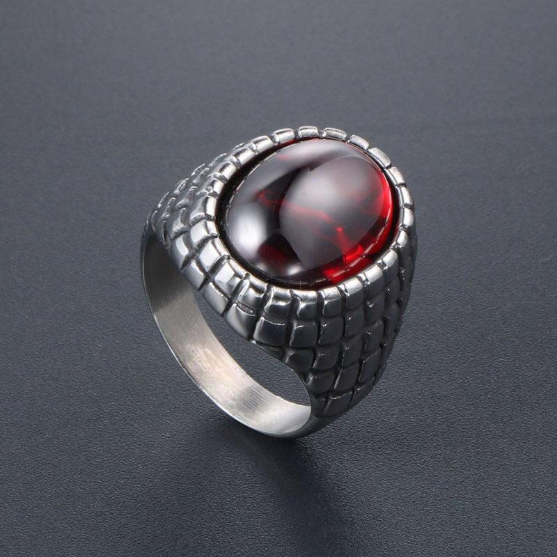 Trendy Retro Red and Black Agate Men's Ring - Personalized Titanium Steel Jewelry