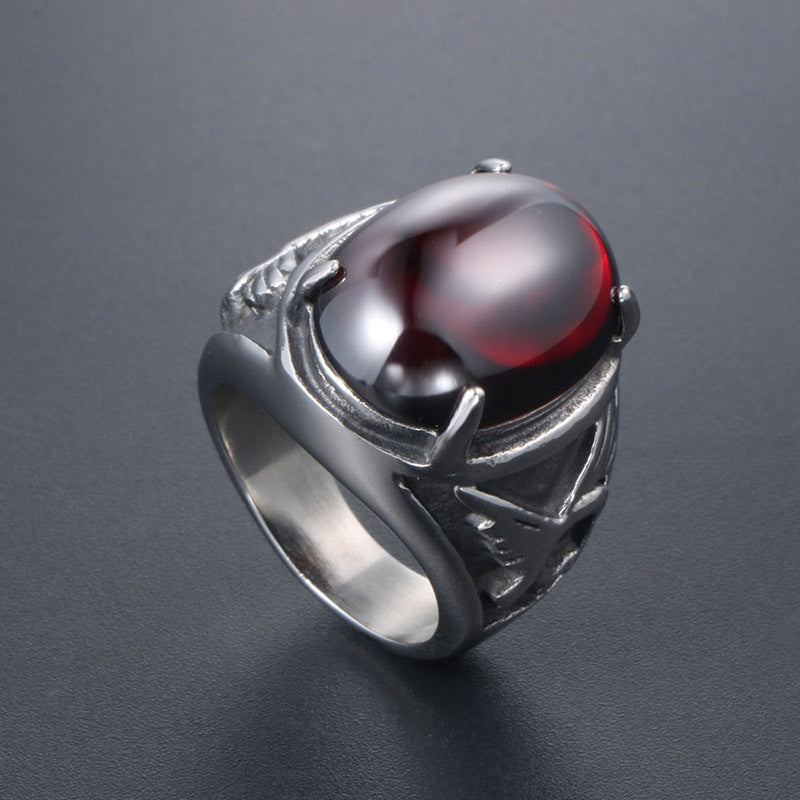 Titanium Steel Eagle Ring with Red and Black Agate Inlay - Unique Men's Fashion Jewelry