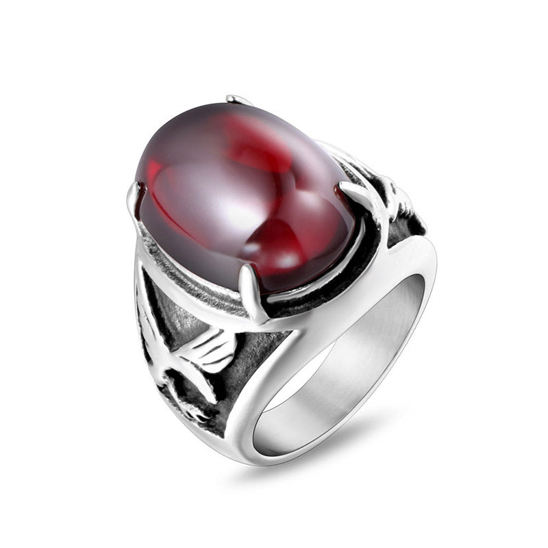 Titanium Steel Eagle Ring with Red and Black Agate Inlay - Unique Men's Fashion Jewelry