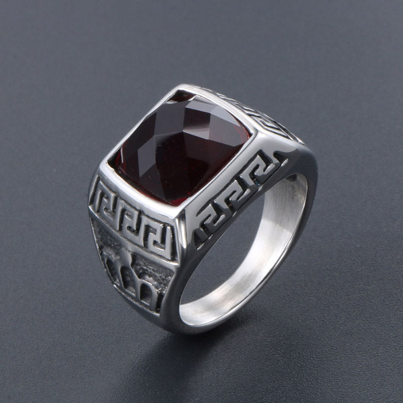 Korean-Inspired Blue Sandstone and Red Pomegranate Couple Rings - Personalized Titanium Steel Jewelry for Men