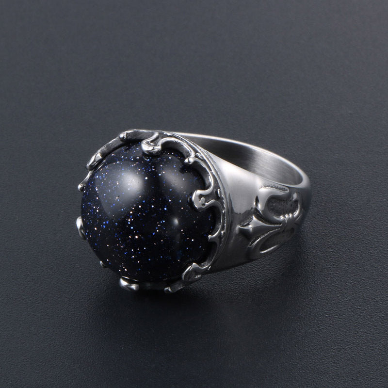 Customizable Titanium Steel Ring for Men with Dazzling Blue Sandstone