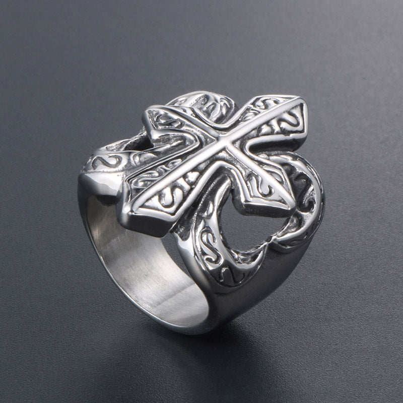 Personalized Punk Titanium Steel Cross Flower Casting Ring for Men - European and American Style