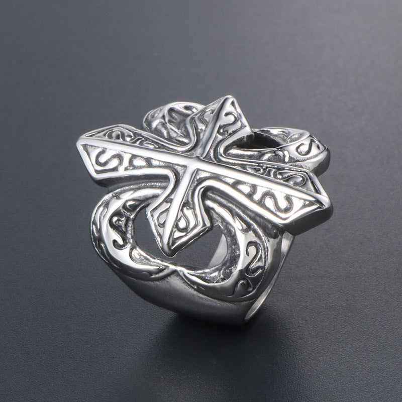 Personalized Punk Titanium Steel Cross Flower Casting Ring for Men - European and American Style