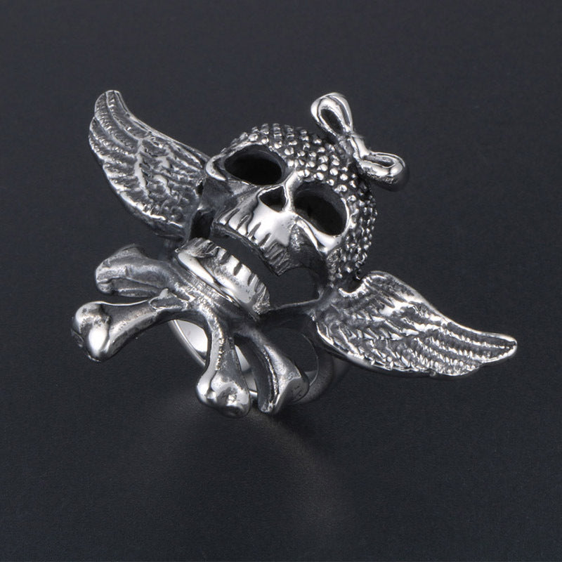 Titanium Steel Vintage Punk Angel Wings Skull Cross Ring for Men