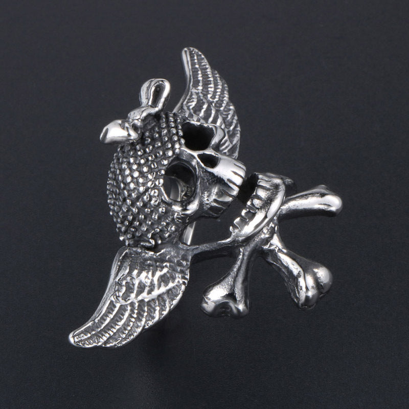 Titanium Steel Vintage Punk Angel Wings Skull Cross Ring for Men