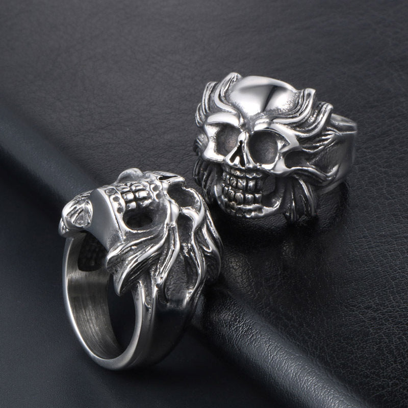 Titanium Steel Dark Tiger Skull Ring for Men - Ghost Head Self-Defense Jewelry with Dragon Claw Design