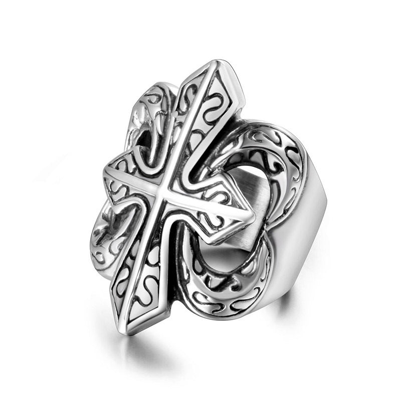 Personalized Punk Titanium Steel Cross Flower Casting Ring for Men - European and American Style