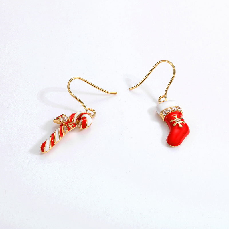 Christmas Crutch and Stocking Asymmetric Zircon Sterling Silver Hook Earrings