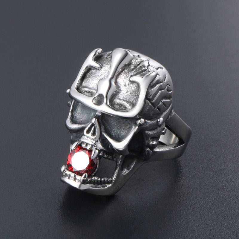 Titanium Steel Men's Retro Crown Skull Ring with Zircon Accents