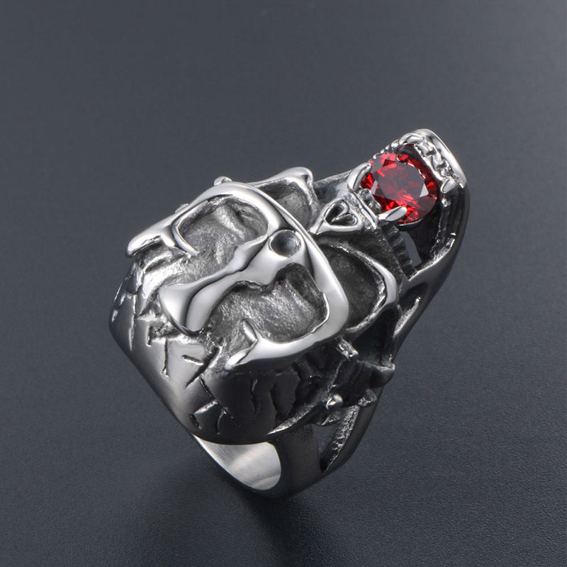 Titanium Steel Men's Retro Crown Skull Ring with Zircon Accents