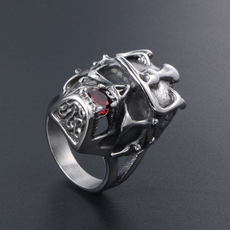 Titanium Steel Men's Retro Crown Skull Ring with Zircon Accents