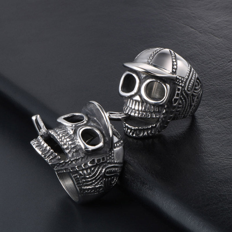 Titanium Steel Retro Skull Ring for Men with Hat and Smoking Ghost Design - Spot Wholesale Available