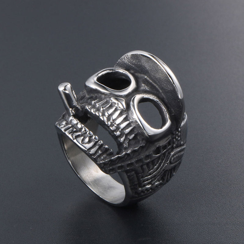 Titanium Steel Retro Skull Ring for Men with Hat and Smoking Ghost Design - Spot Wholesale Available