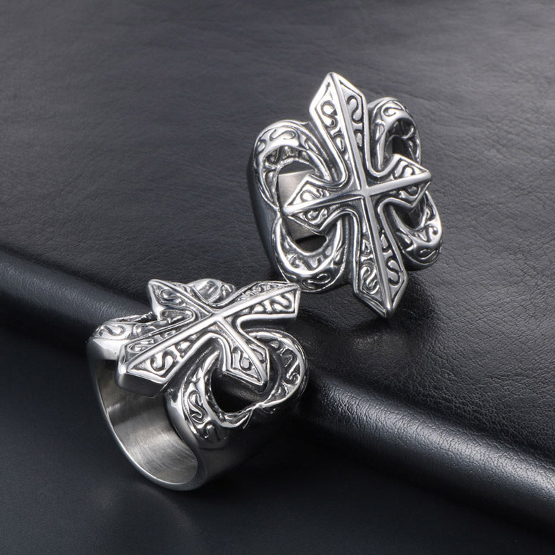 Personalized Punk Titanium Steel Cross Flower Casting Ring for Men - European and American Style