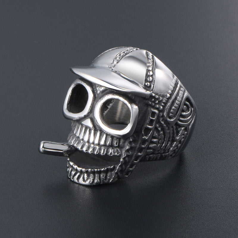 Titanium Steel Retro Skull Ring for Men with Hat and Smoking Ghost Design - Spot Wholesale Available