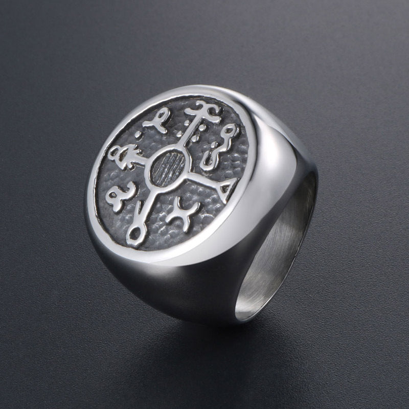 Korean-Inspired Fashion Titanium Steel Ring for Men - Retro Nightclub Rock Symbol Design, Sizes 7-12