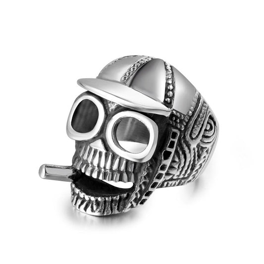 Titanium Steel Retro Skull Ring for Men with Hat and Smoking Ghost Design - Spot Wholesale Available