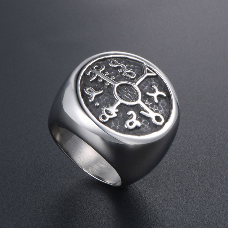 Korean-Inspired Fashion Titanium Steel Ring for Men - Retro Nightclub Rock Symbol Design, Sizes 7-12