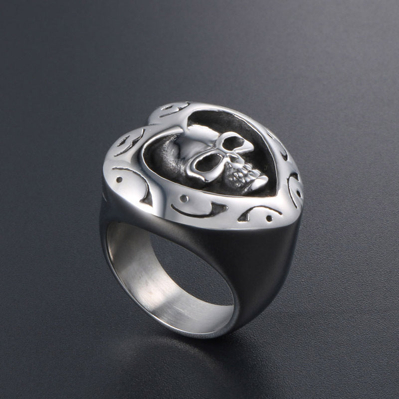 Vintage-Inspired Titanium Steel Heart Skull Ring for Men - Halloween Retro Jewelry