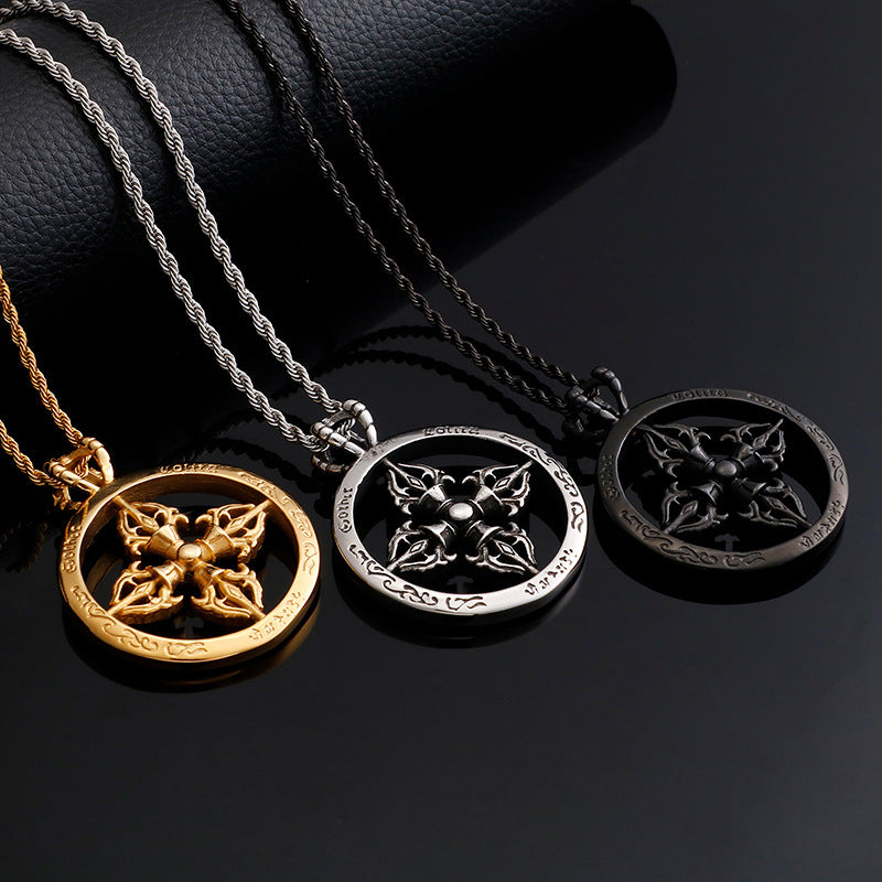 Vintage Punk Cross Vajra Round Pendant with Hollow Design for Men