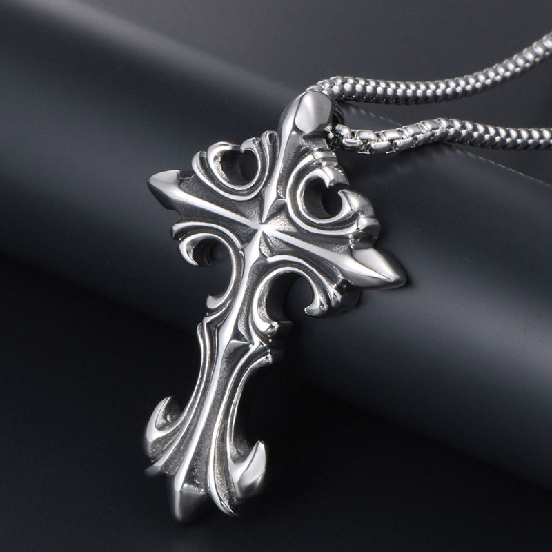 Personalized Gothic Cross Flower Pendant Necklace in Titanium Steel for Couples