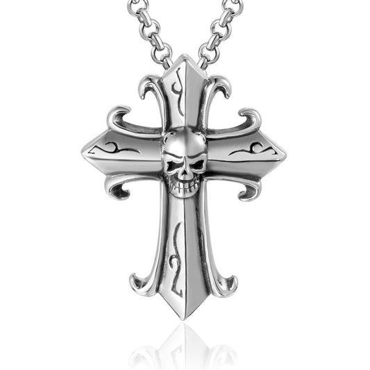 Gothic Retro Cross & Spectral Skull Men's Titanium Steel Pendant Necklace - Edgy Hipster Punk Jewelry for Resale