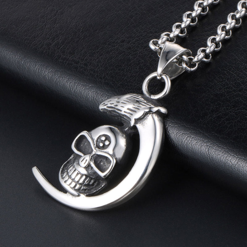 Edgy Titanium Steel Men's Moon Skull Pendant Necklace - Stand Out Fashion Statement