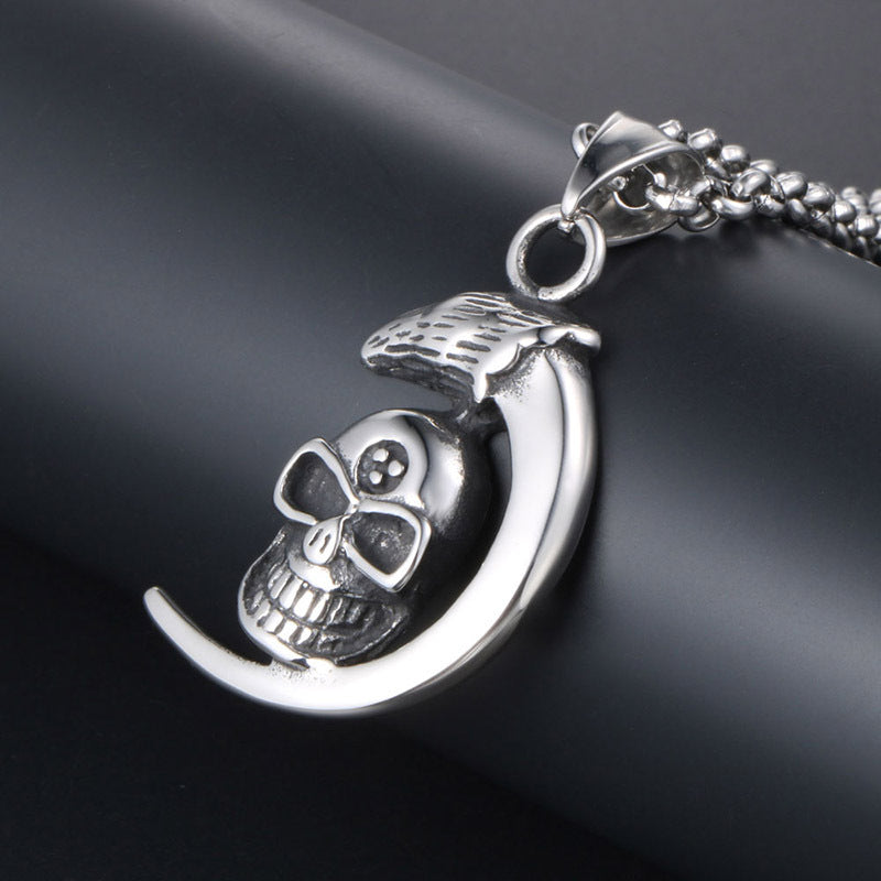 Edgy Titanium Steel Men's Moon Skull Pendant Necklace - Stand Out Fashion Statement