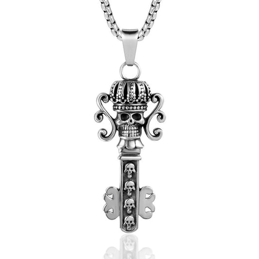 Titanium Steel Retro Castle Key Pendant Necklace for Men with Ghost Head Crown Design