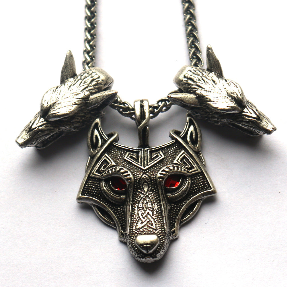 Viking Odin Wolf Head Necklace with Three Wolf Red Eye Alloy Pendant - Nordic Jewelry for Men