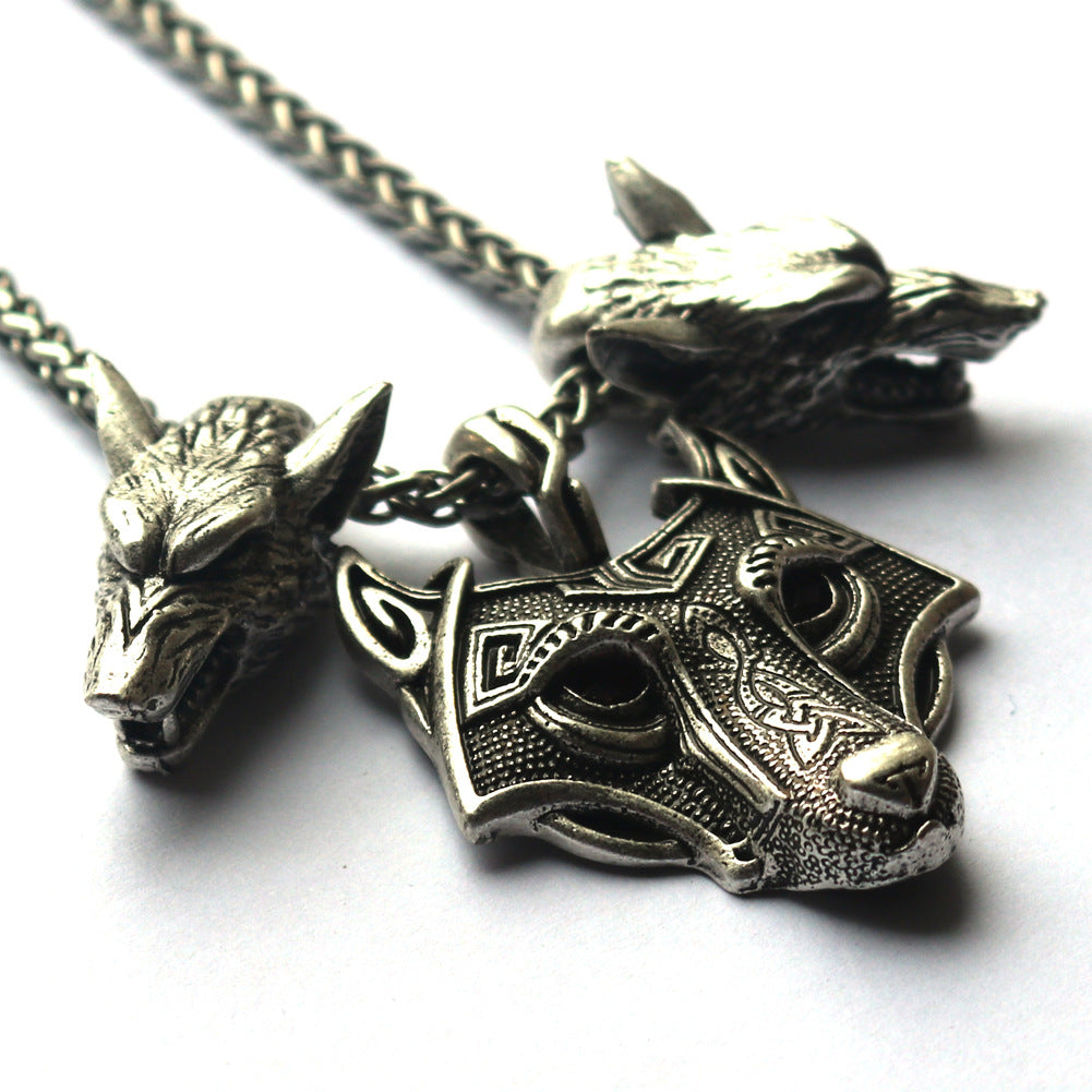 Viking Odin Wolf Head Necklace with Three Wolf Red Eye Alloy Pendant - Nordic Jewelry for Men