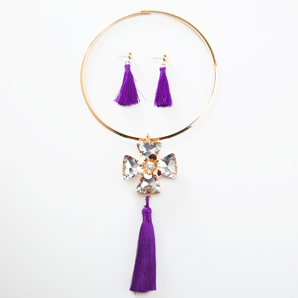 Gemstone Flower Tassel Necklace and Earrings Set - Savanna Rhythms Collection