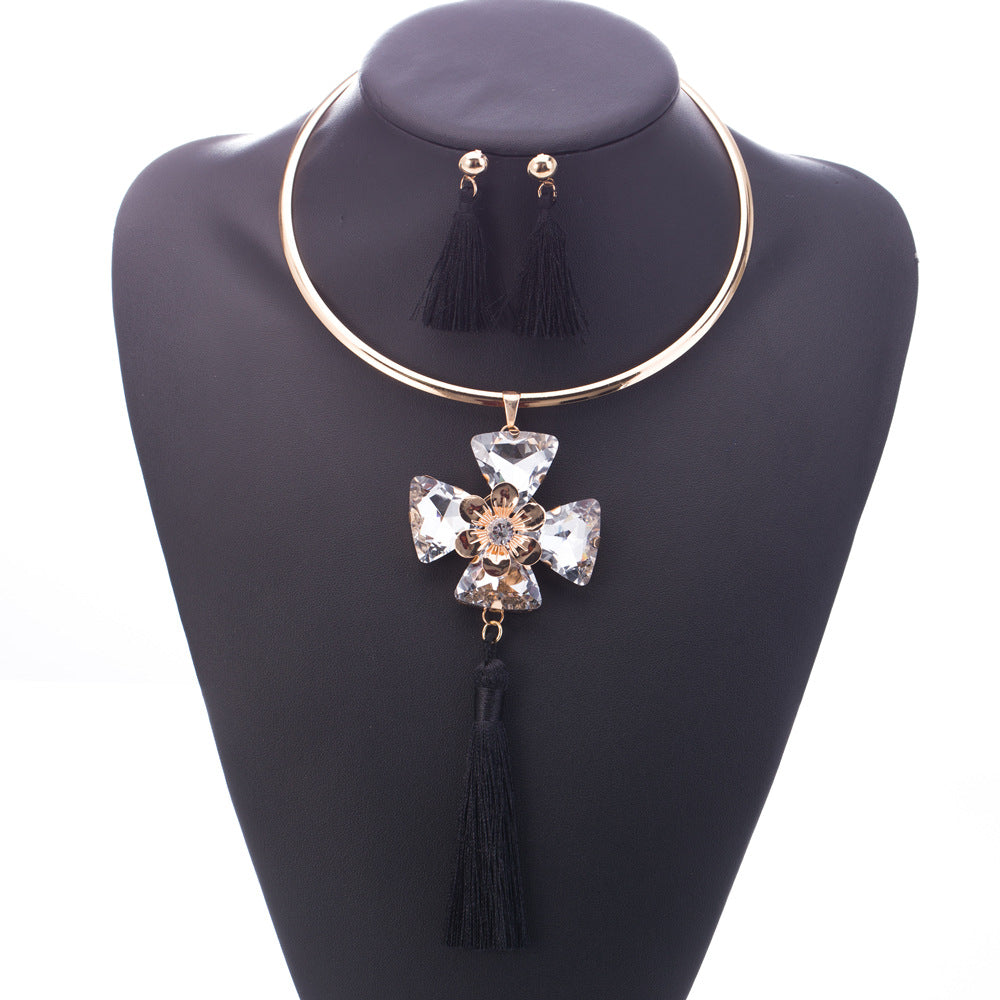 Gemstone Flower Tassel Necklace and Earrings Set - Savanna Rhythms Collection