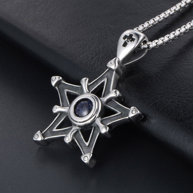 Retro Mystique Blue Sandstone Pentagram Pendant Necklace for Men