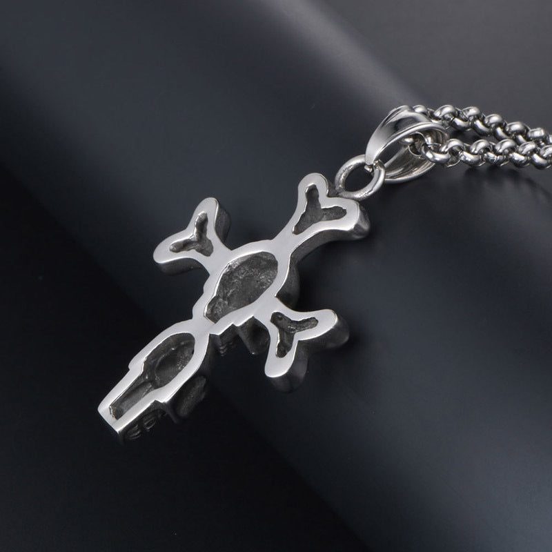 Customizable Punk Double Skull Cross Pendant Necklace in Titanium Steel for Men