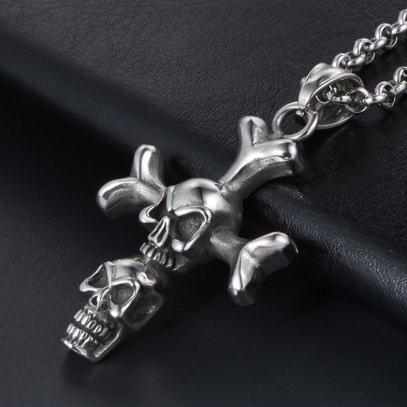 Customizable Punk Double Skull Cross Pendant Necklace in Titanium Steel for Men