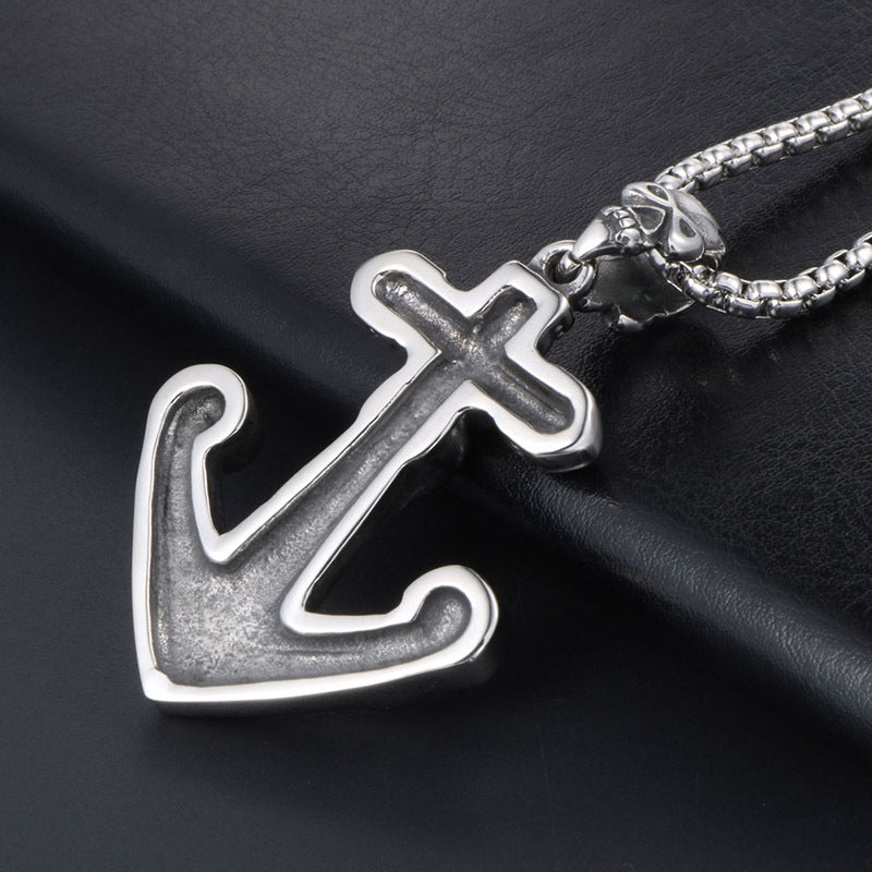 Bold Skull Anchor Pendant Necklace, Retro Titanium Steel Jewelry for Men