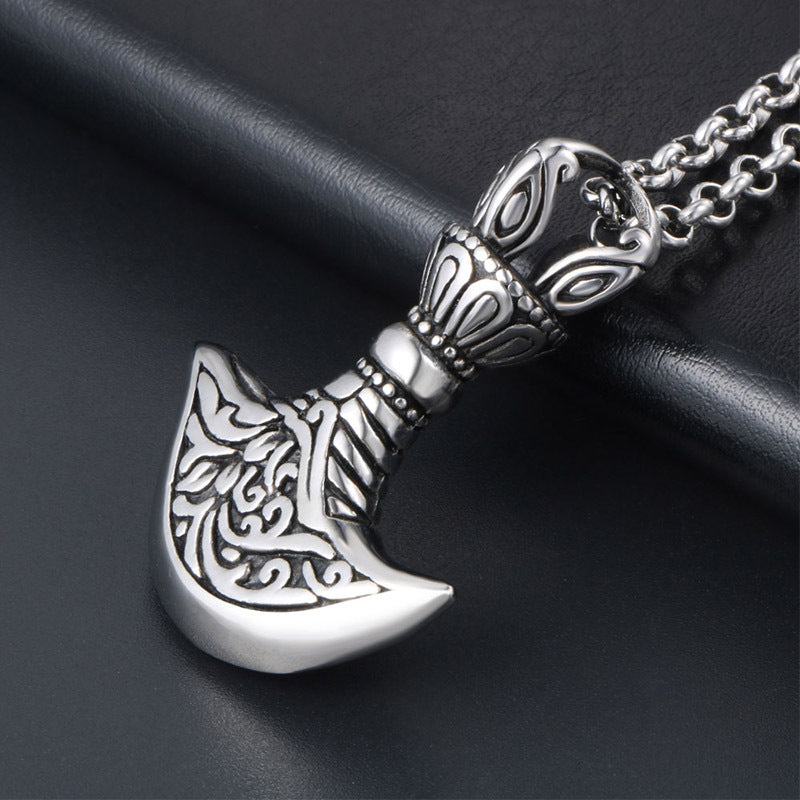 Titanium Steel Crescent Axe Pendant Necklace with Unique Flower Pull Pattern for Men - Wholesale Availability