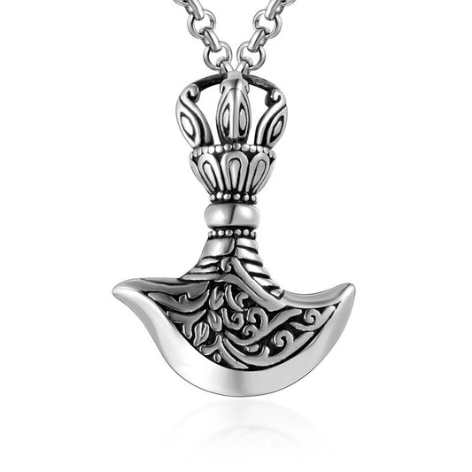 Titanium Steel Crescent Axe Pendant Necklace with Unique Flower Pull Pattern for Men - Wholesale Availability