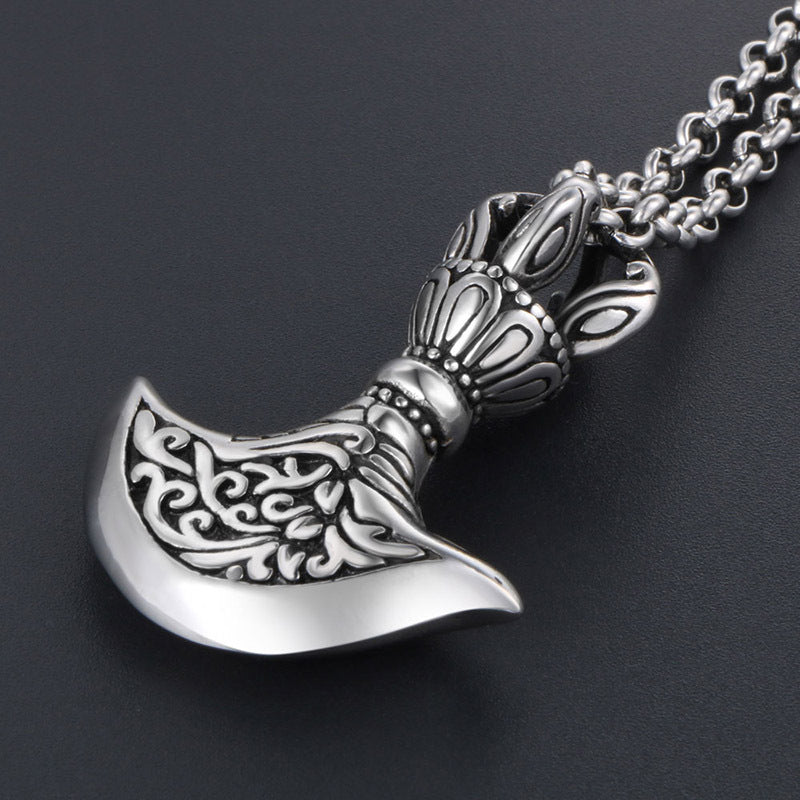 Titanium Steel Crescent Axe Pendant Necklace with Unique Flower Pull Pattern for Men - Wholesale Availability