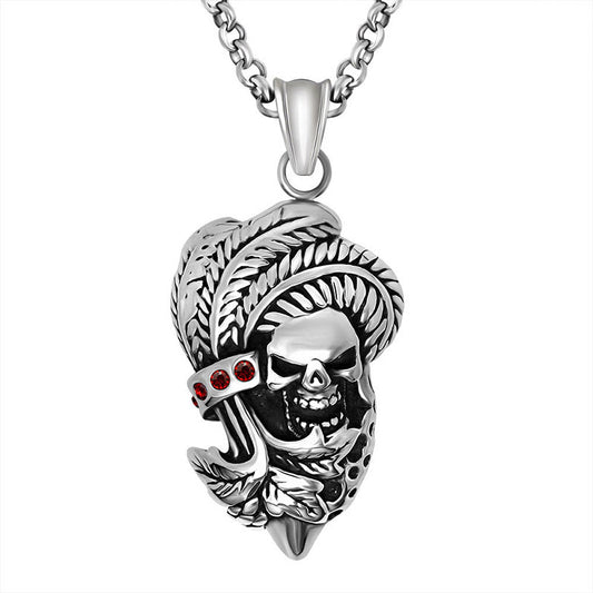 Titanium Steel Skull Leaf Pendant Necklace for Men, Customized Hip Hop Halloween Jewelry