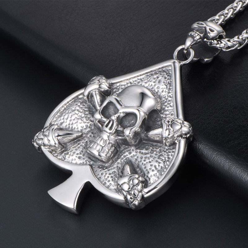 Vintage-Inspired Titanium Steel Skull Heart Spade Pendant Necklace for Men