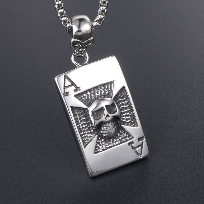 Trendy Men's Titanium Steel Skull Pendant Necklace - Personalized Playing Cards Design