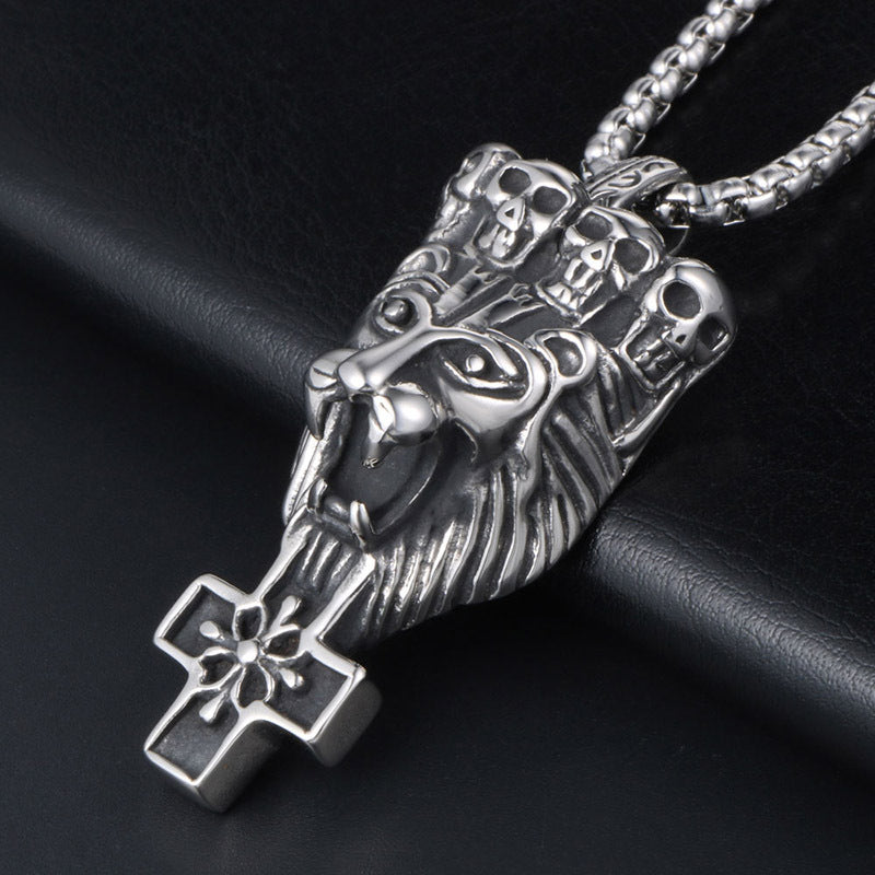 Men's Bold Titanium Steel Skull Crown Lion Head Pendant Necklace with Cross and Floral Design