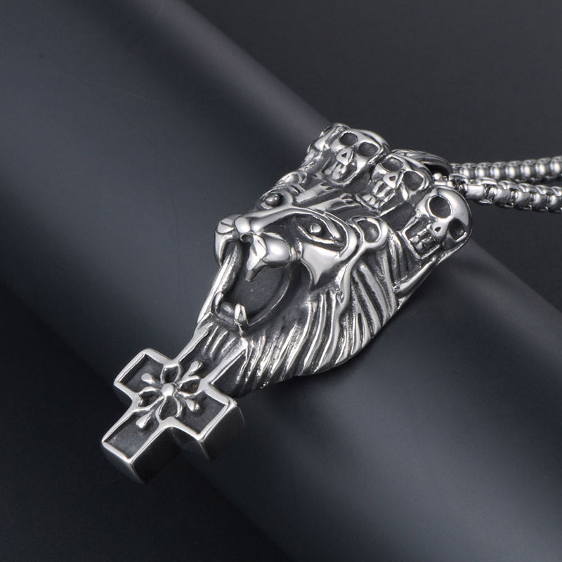 Men's Bold Titanium Steel Skull Crown Lion Head Pendant Necklace with Cross and Floral Design