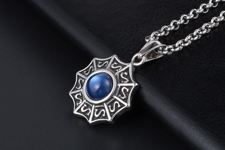 Retro Blue Opal Inlay Titanium Steel Round Pendant for Men - Guofeng Vintage Style